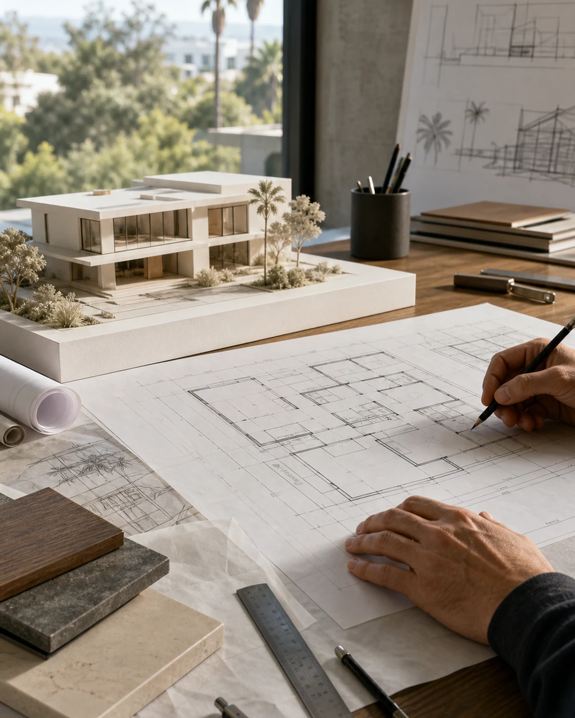 Architect reviewing residential drawings beside a detailed scale model