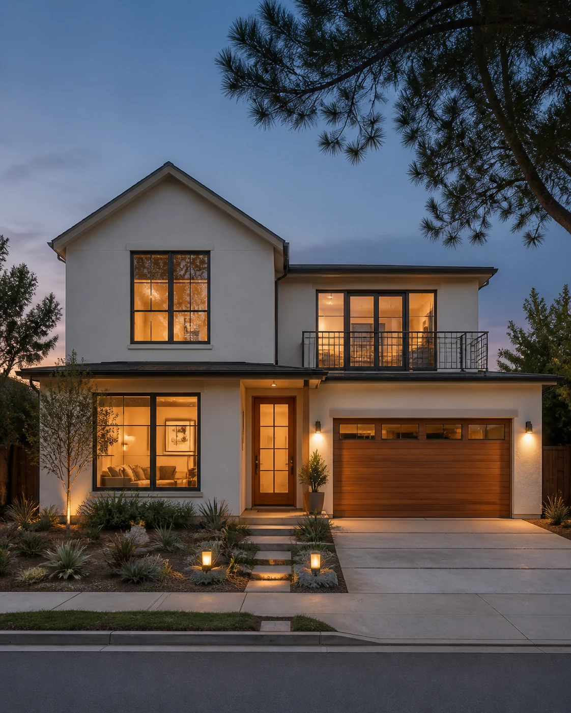 Warm contemporary Southern California residence at dusk