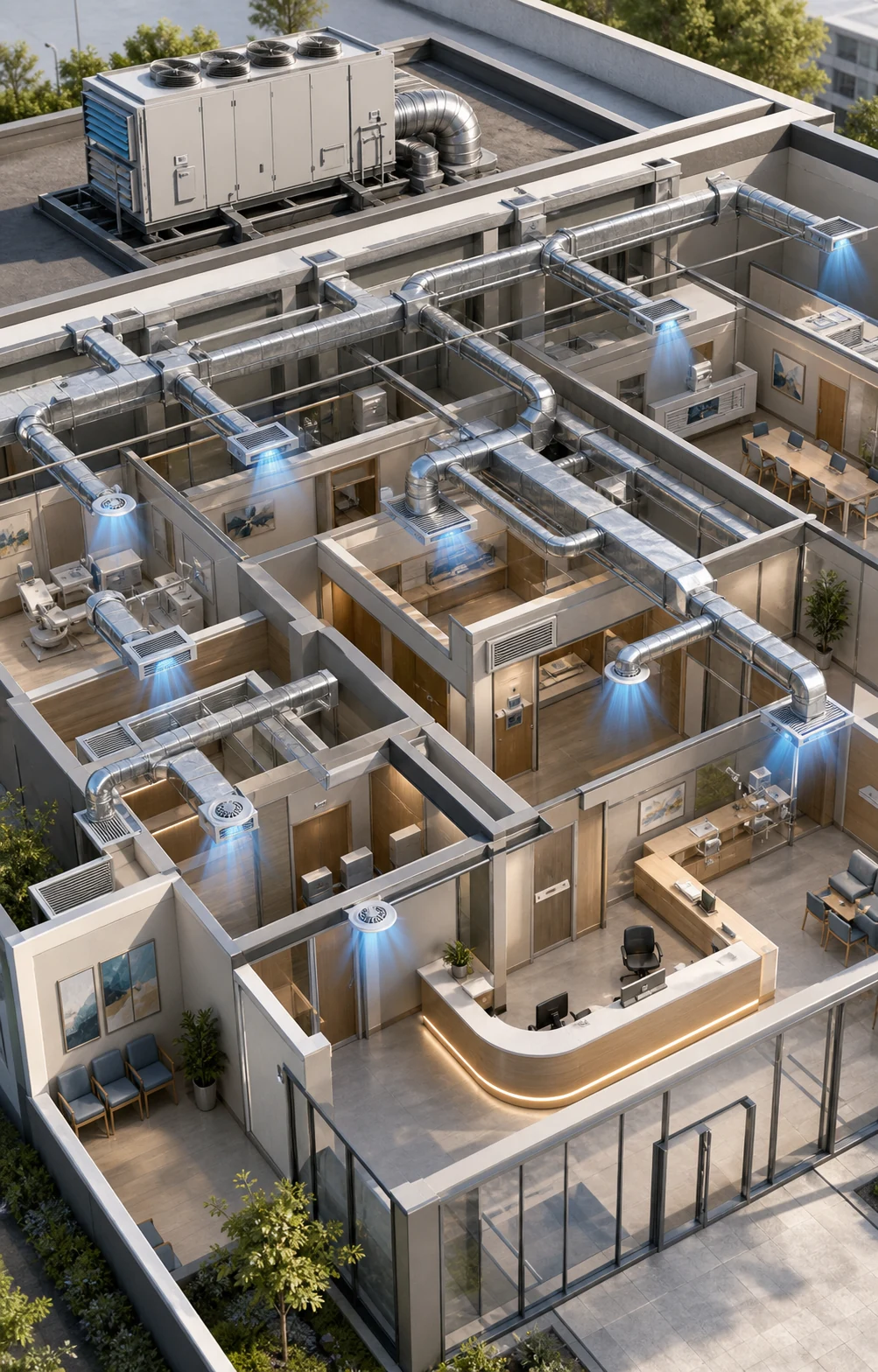 Commercial HVAC equipment, ductwork, and air distribution layout