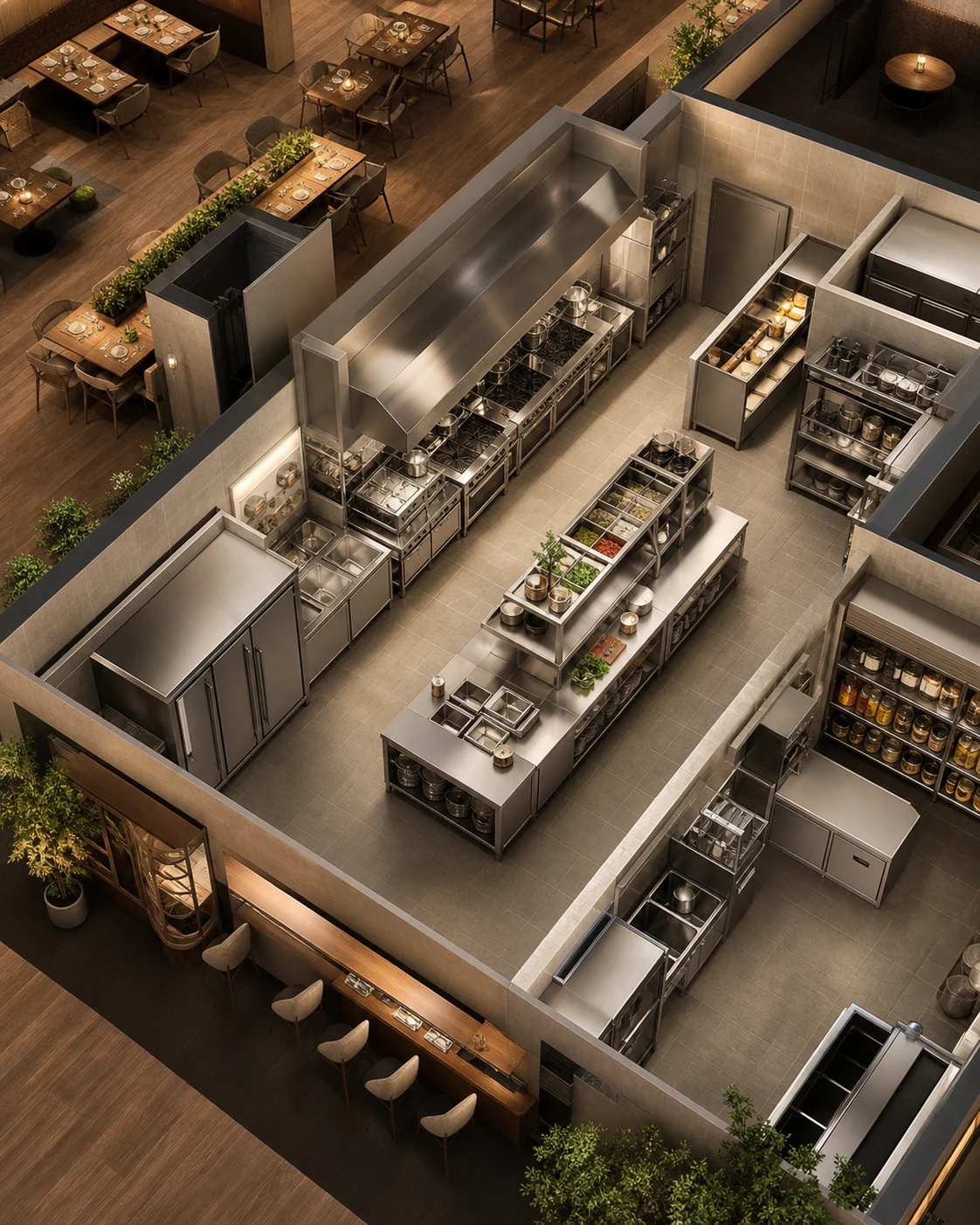 Commercial restaurant kitchen equipment and workflow layout