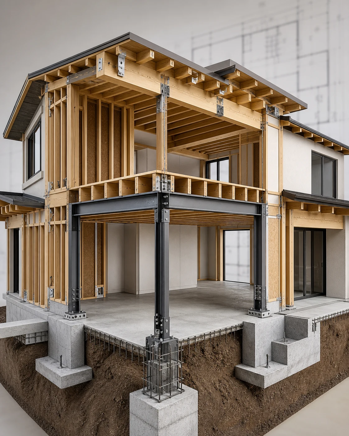 Coordinated residential structure with steel moment frame, wood framing, and concrete foundation