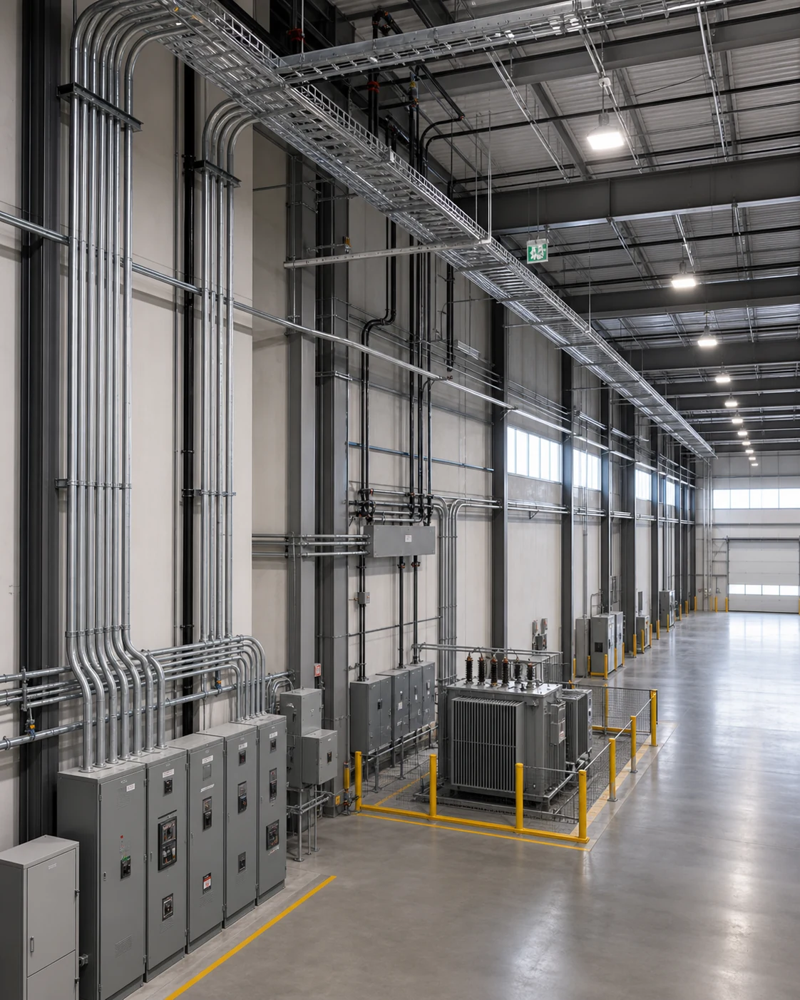 Warehouse electrical distribution, conduit, panels, and cable trays