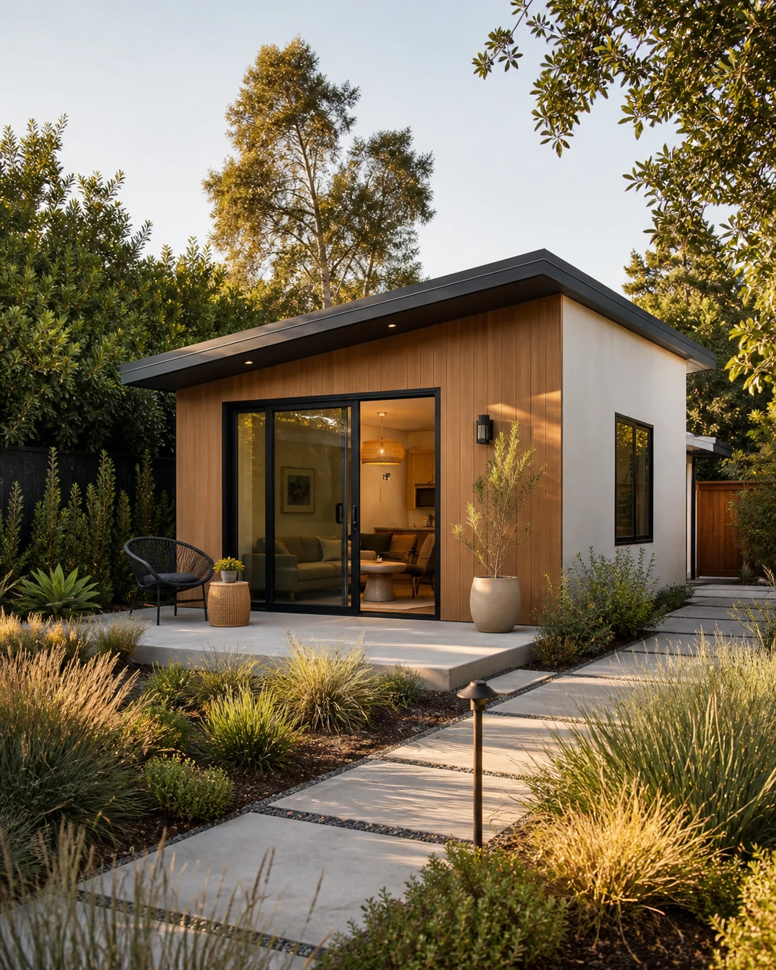 Landscaped Southern California backyard with a modern detached ADU