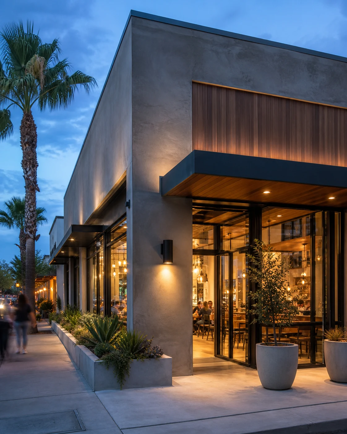 Welcoming contemporary commercial storefront at dusk